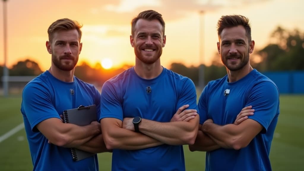 The PeakEdge coaching staff standing on the training field at sunrise