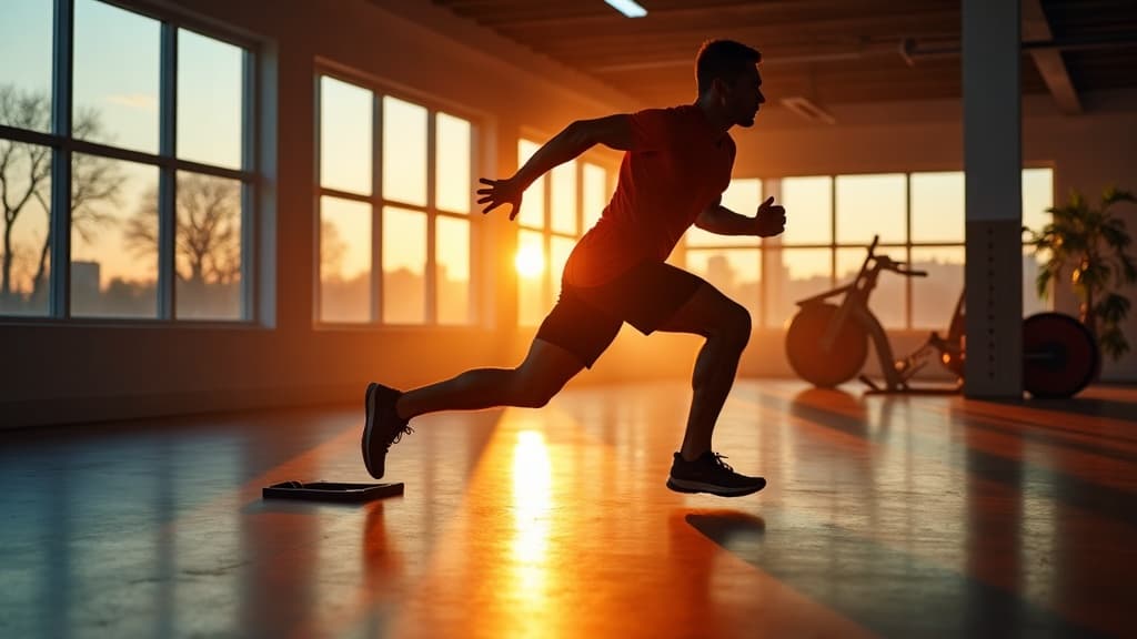 Athlete training with a resistance sled in dramatic morning light at PeakEdge Sports Performance